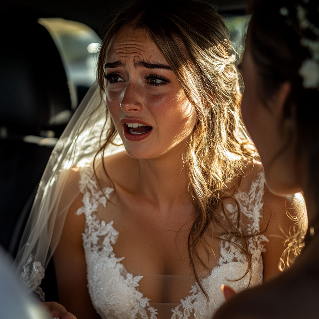 Une mariée triste parle à son amie dans la voiture | Source : Midjourney