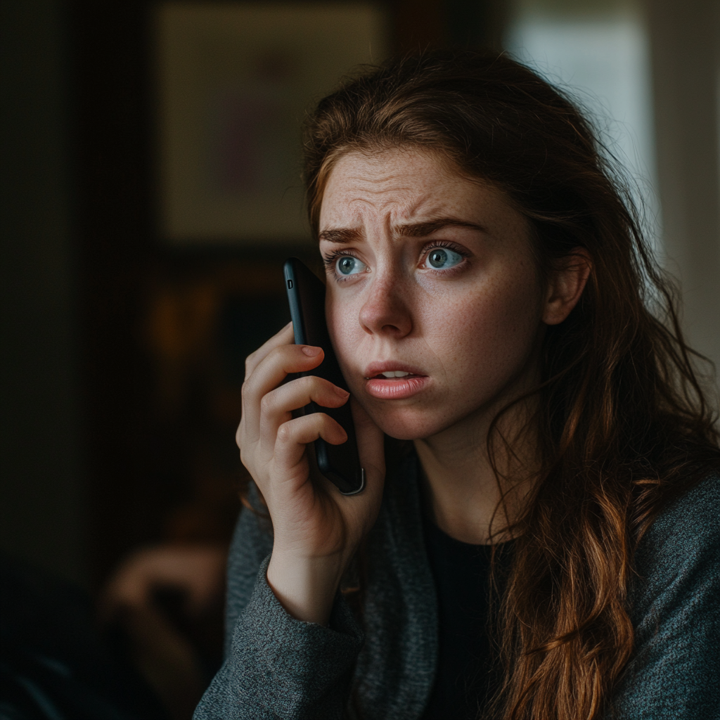 Une femme bouleversée qui parle au téléphone | Source : Midjourney