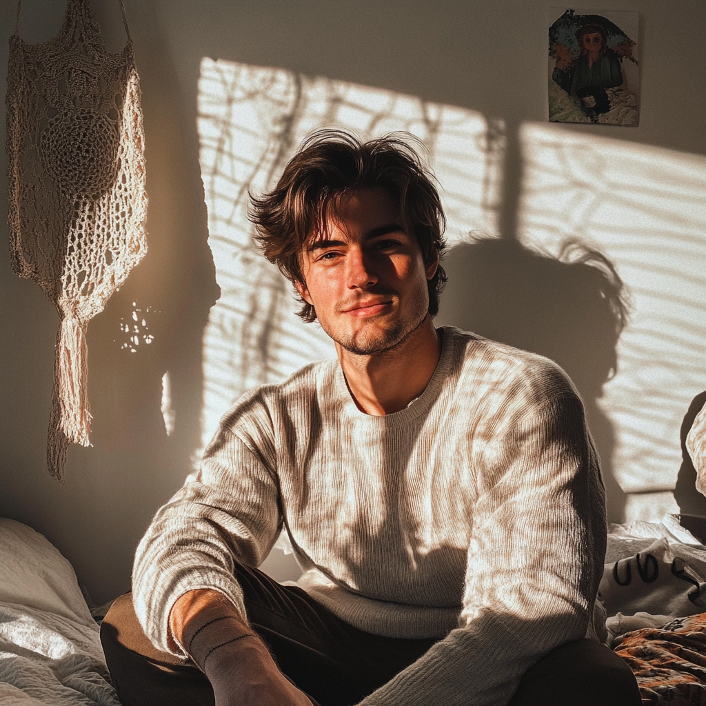 A smiling man sitting on a bed | Source: Midjourney