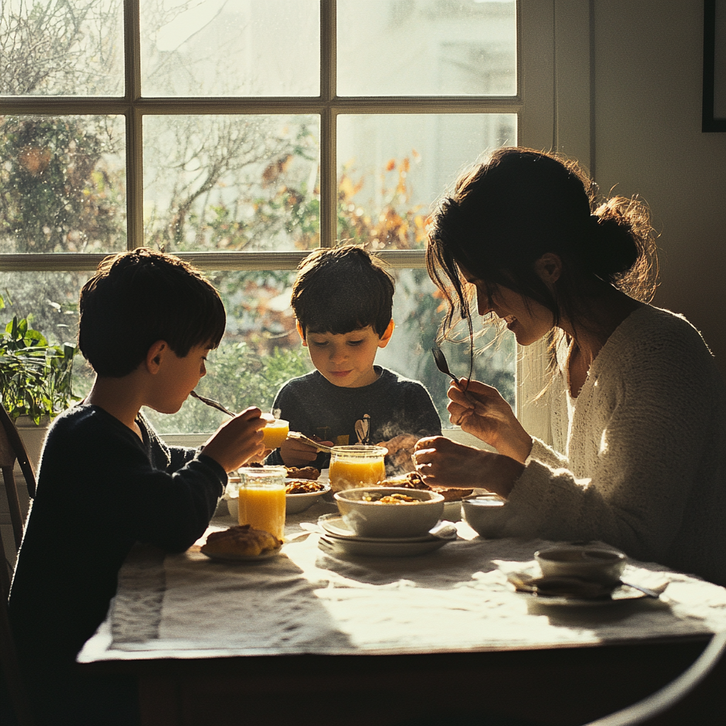 Une femme prenant son petit déjeuner avec ses deux fils | Source : Midjourney