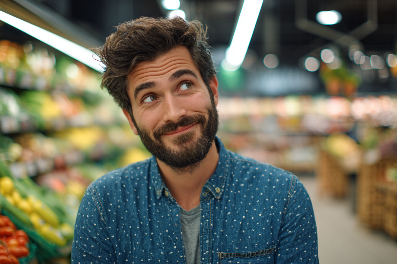 Un homme dans une épicerie qui sourit malicieusement | Source : Midjourney