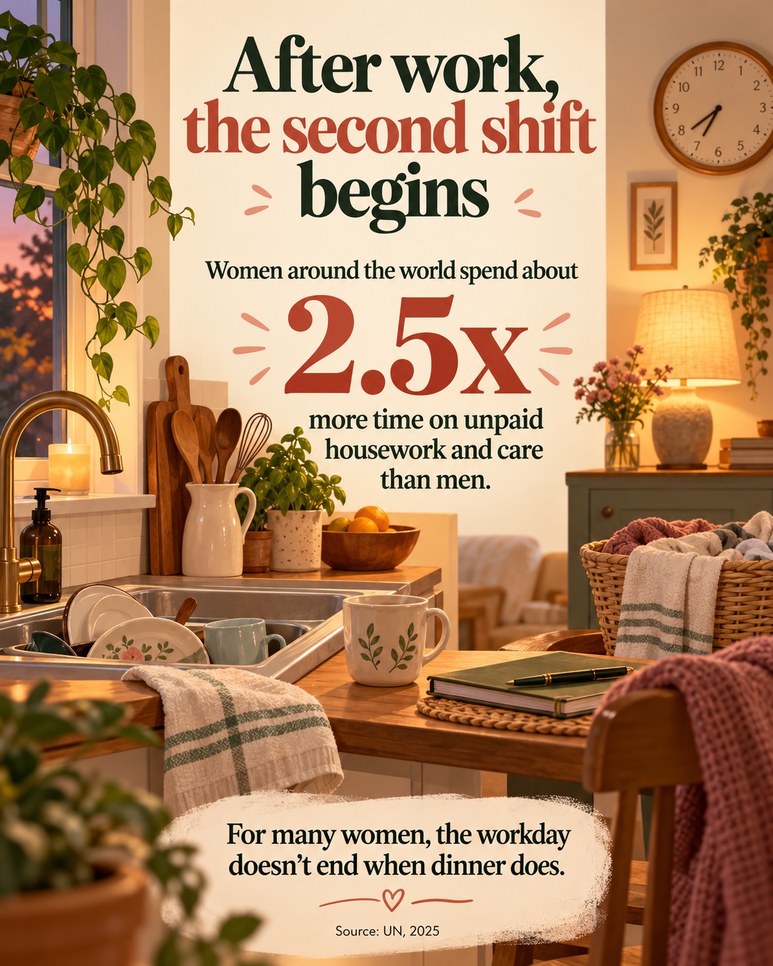Pour beaucoup de femmes, les soirées, c'est encore une fois la cuisine, le ménage et s'occuper de la famille, même après une journée de boulot bien remplie. | Source des données : Nations Unies, 2025 | Illustration : générée par IA.