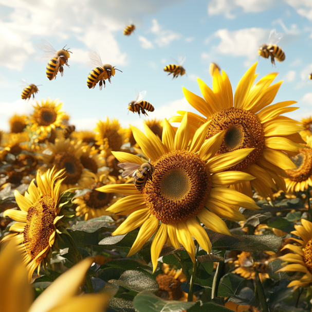 Abeilles bourdonnant dans un jardin de tournesols | Source : Midjourney