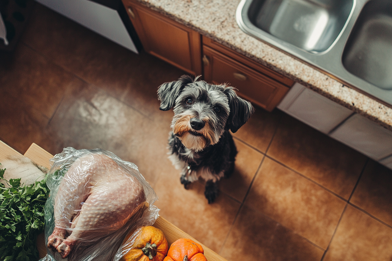 Un chien qui regarde une dinde sur le comptoir | Source : Midjourney