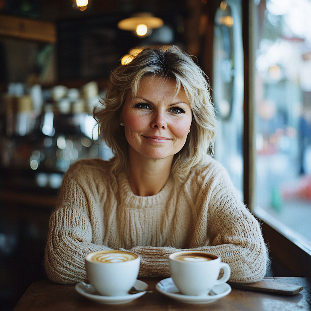 A woman sitting with two cups of cappuccino | Source: Midjourney