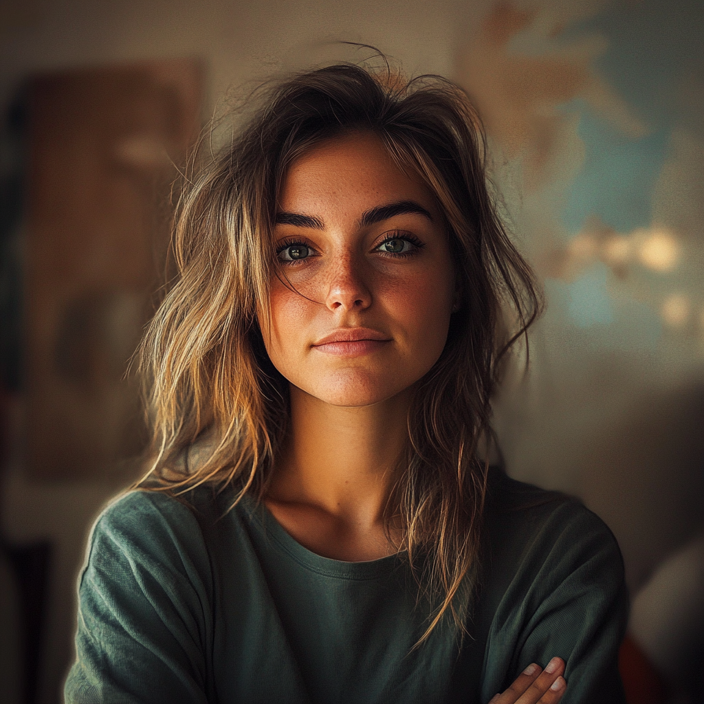 Photo d'une femme sérieuse, les bras croisés, qui attend une explication de son mari. | Source : Midjourney