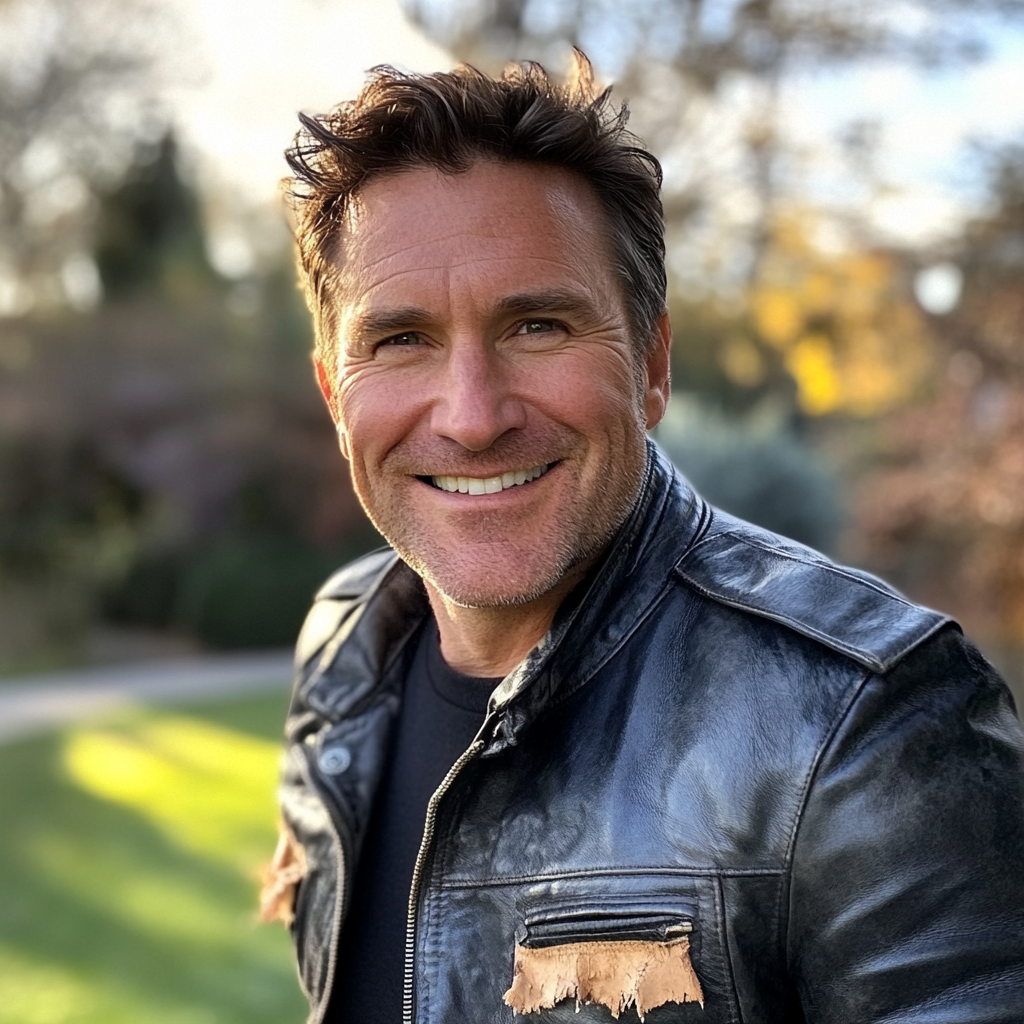 Un homme souriant portant une veste en cuir | Source : Midjourney