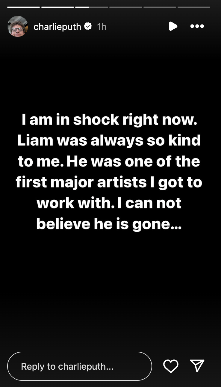 La story Instagram de Charlie Puth sur le décès soudain de Liam Payne, postée le 16 octobre 2024 | Source : Instagram.com/charlieputh