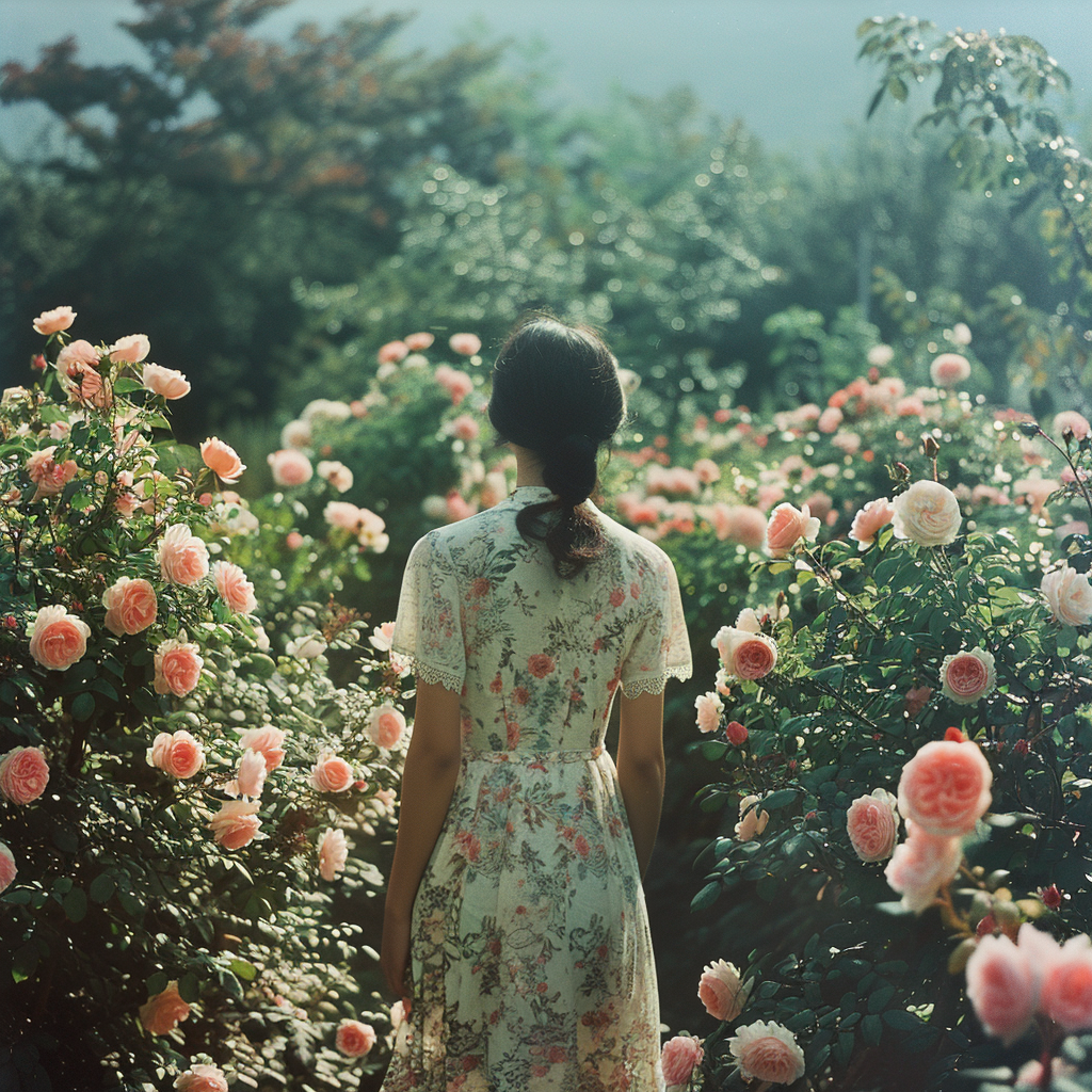 Une femme marche entre des buissons de roses du jardin de sa grand-mère | Source : Midjourney