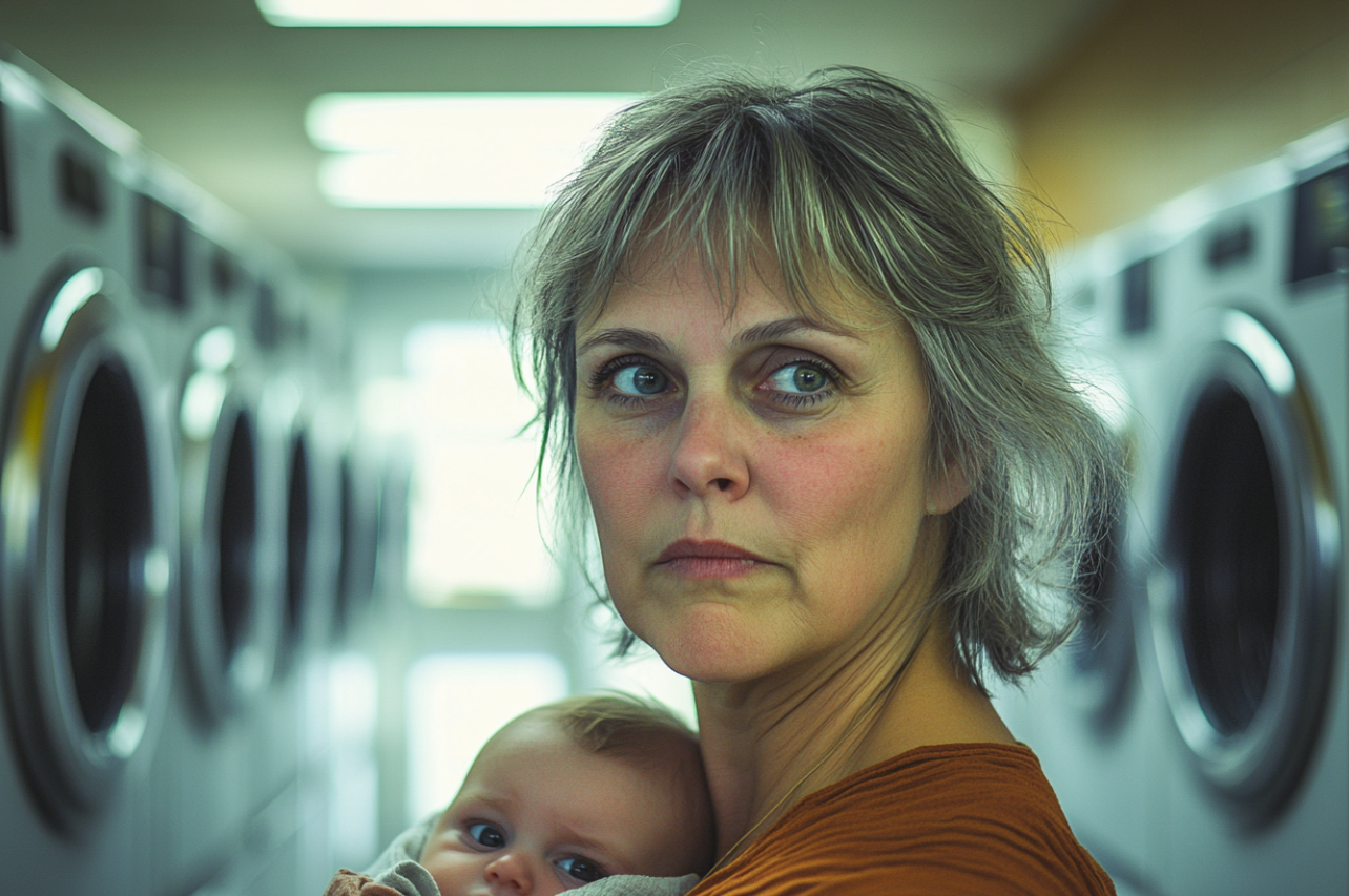 Une femme en colère tenant un bébé | Source : Midjourney