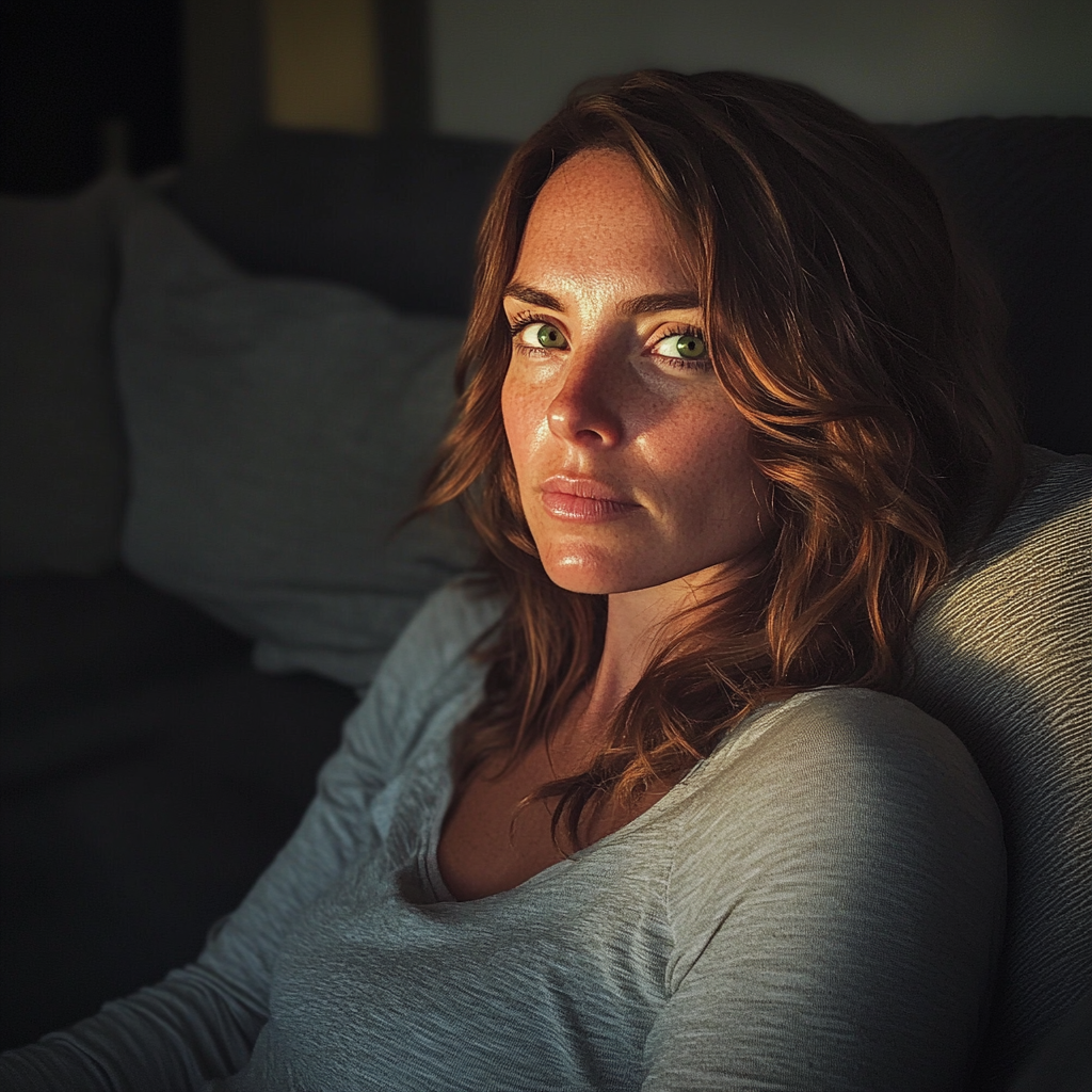 Une femme assise sur un canapé | Source : Midjourney