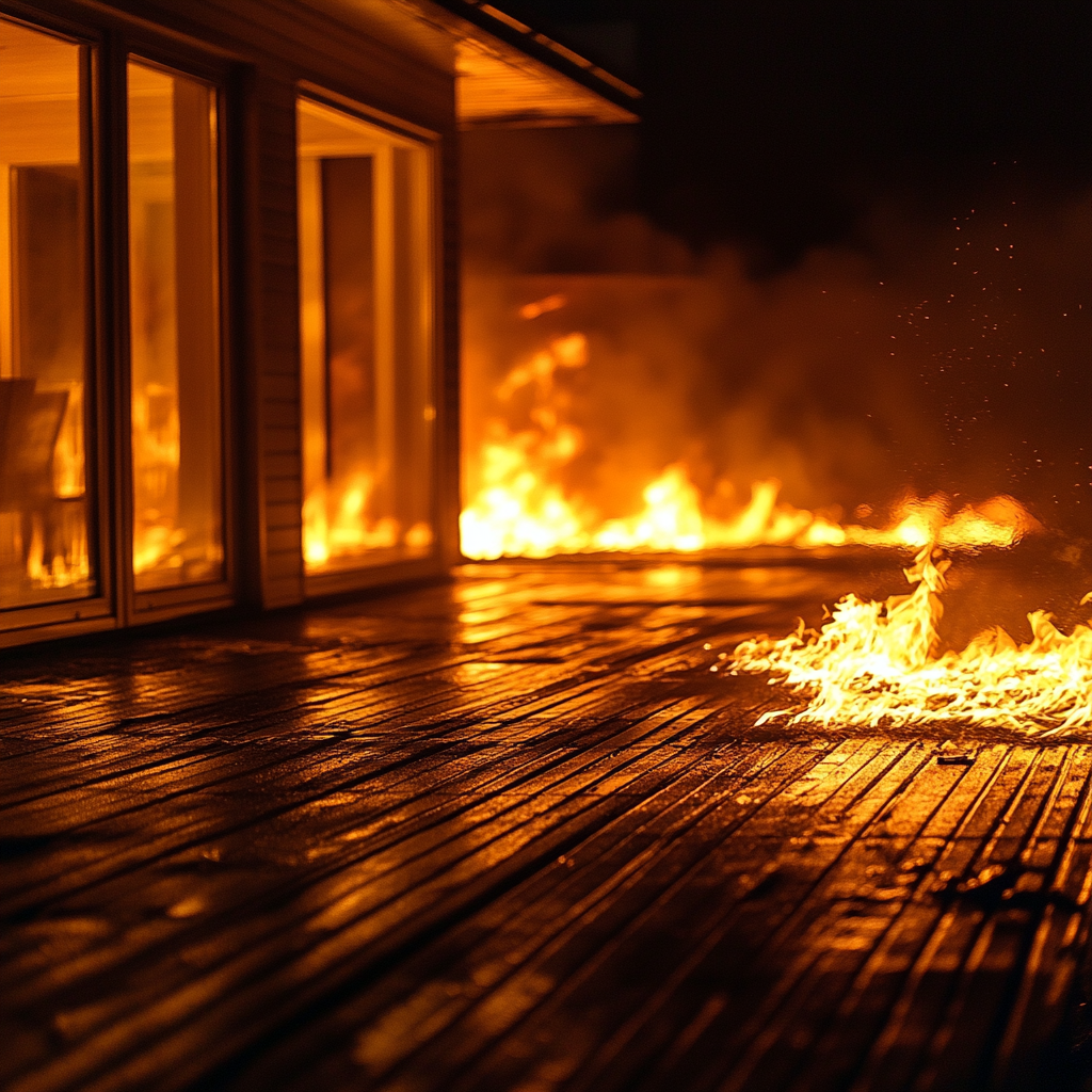Le feu se propage sur la terrasse d'une maison | Source : Midjourney