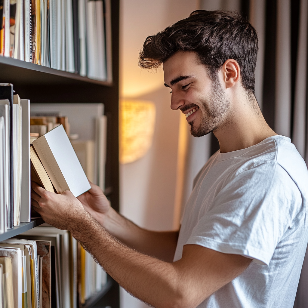 Un jeune homme qui cache une enveloppe dans un livre | Source : Midjourney