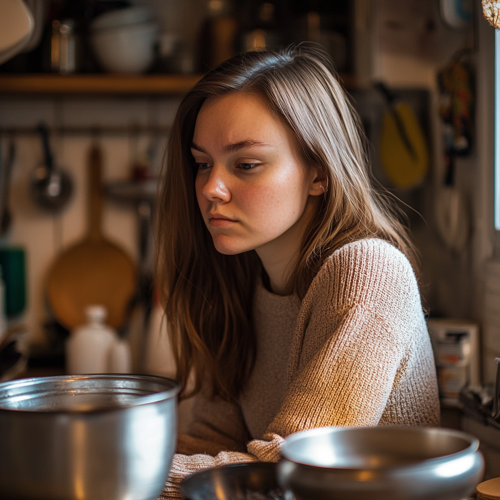 Woman looks exhausted after cleaning kitchen | Source: Midjourney