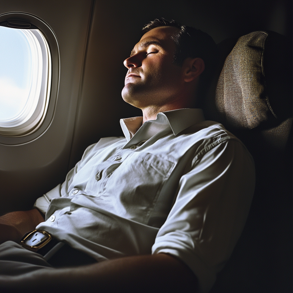 L'homme arrogant qui dort profondément dans l'avion | Source : Midjourney