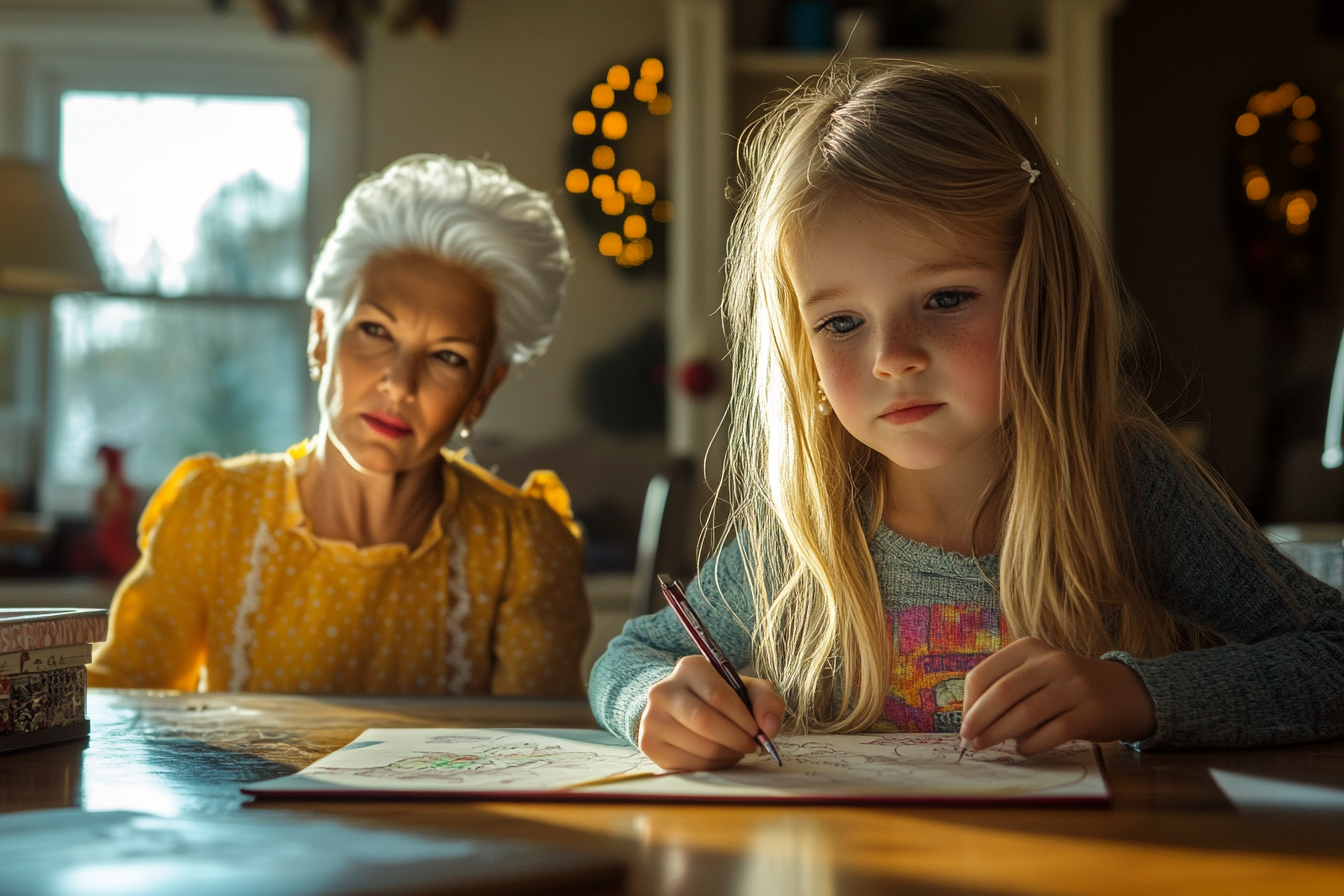 Une petite fille blonde fait du coloriage avec une élégante femme d'une soixantaine d'années assise à côté d'elle, l'air inquiète. | Source : Midjourney