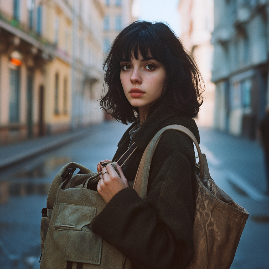 Une femme nerveuse tenant un vieux sac | Source : Midjourney