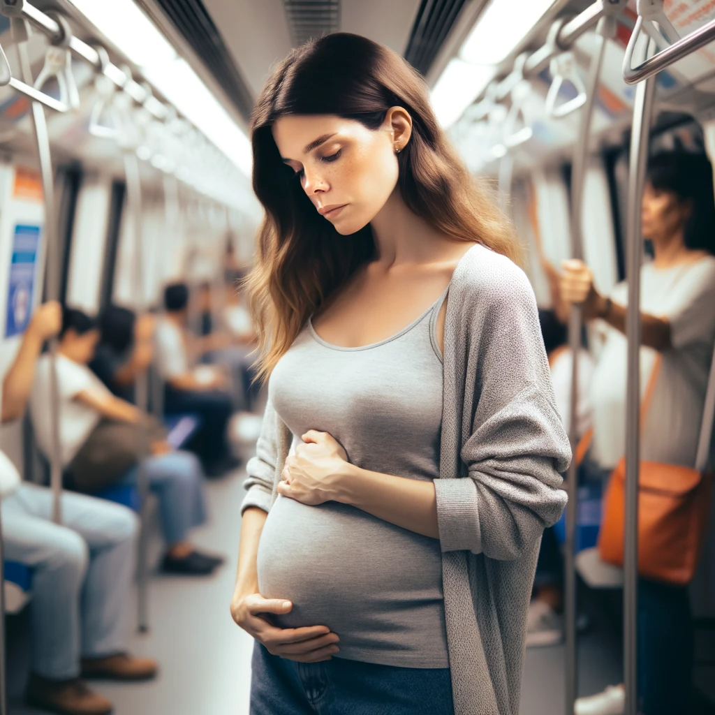 Une femme enceinte debout dans une rame de métro via AI | Source : DALL-E