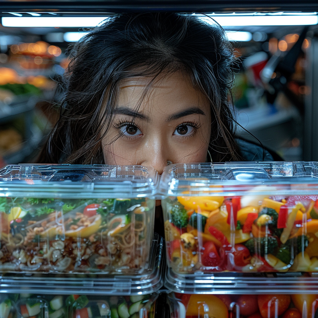 Jeune femme regardant des récipients en plastique au réfrigérateur | Midjourney