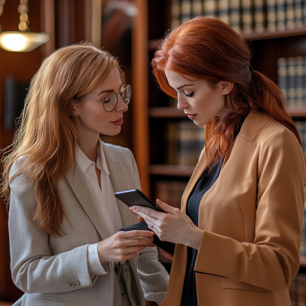 Une femme qui tend son téléphone à un avocat | Source : Midjourney