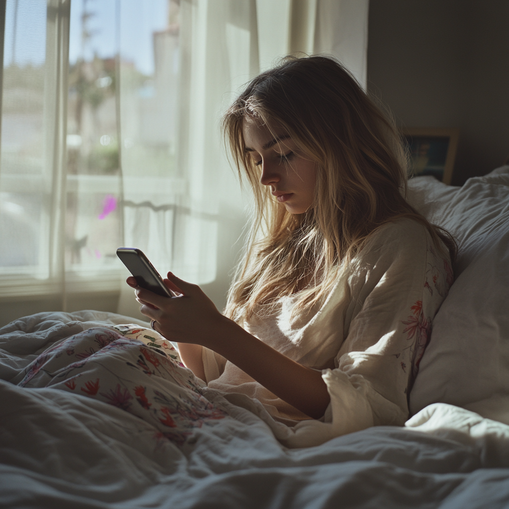 Une jeune femme qui fait défiler son téléphone | Source : Midjourney