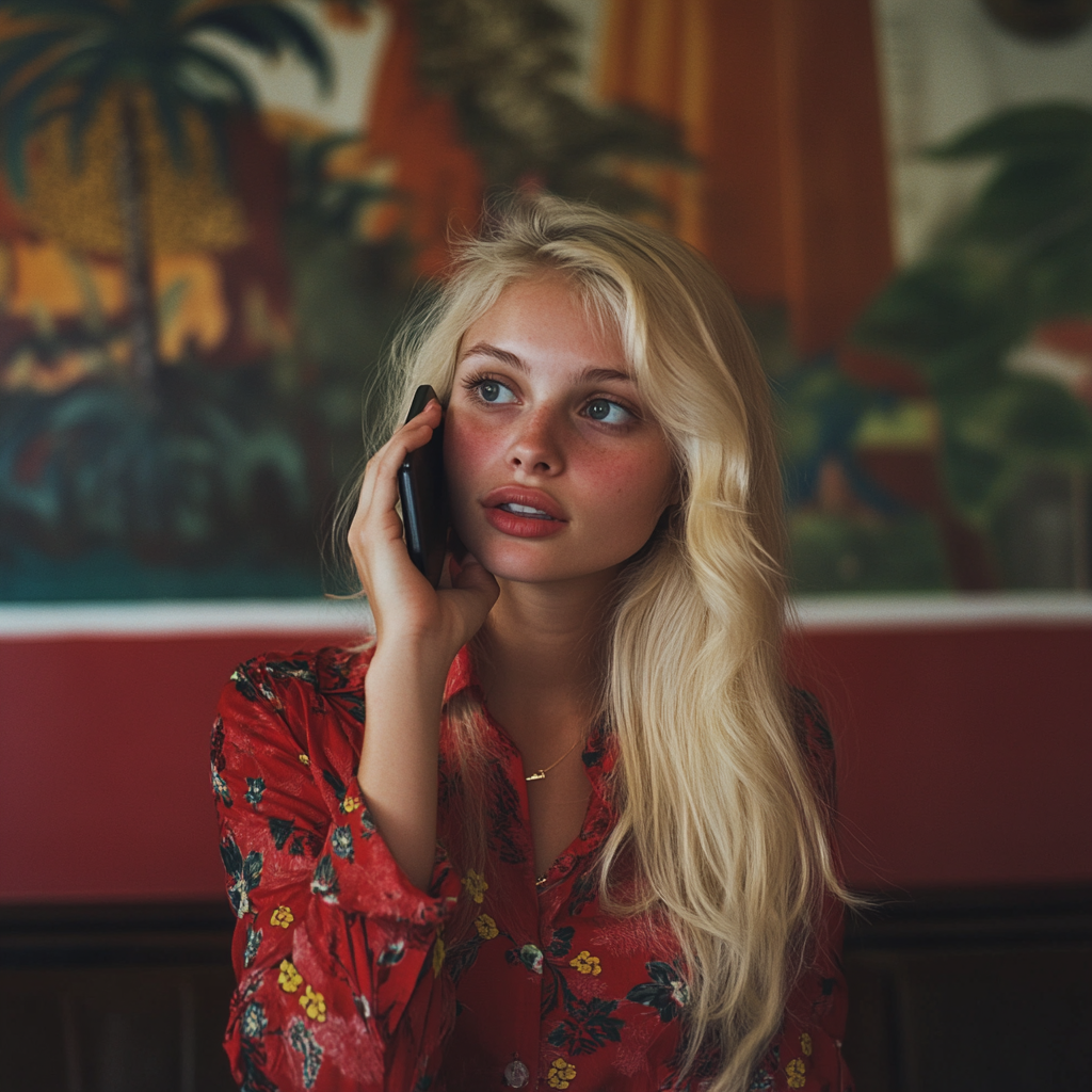 Une femme blonde qui parle au téléphone | Source : Midjourney