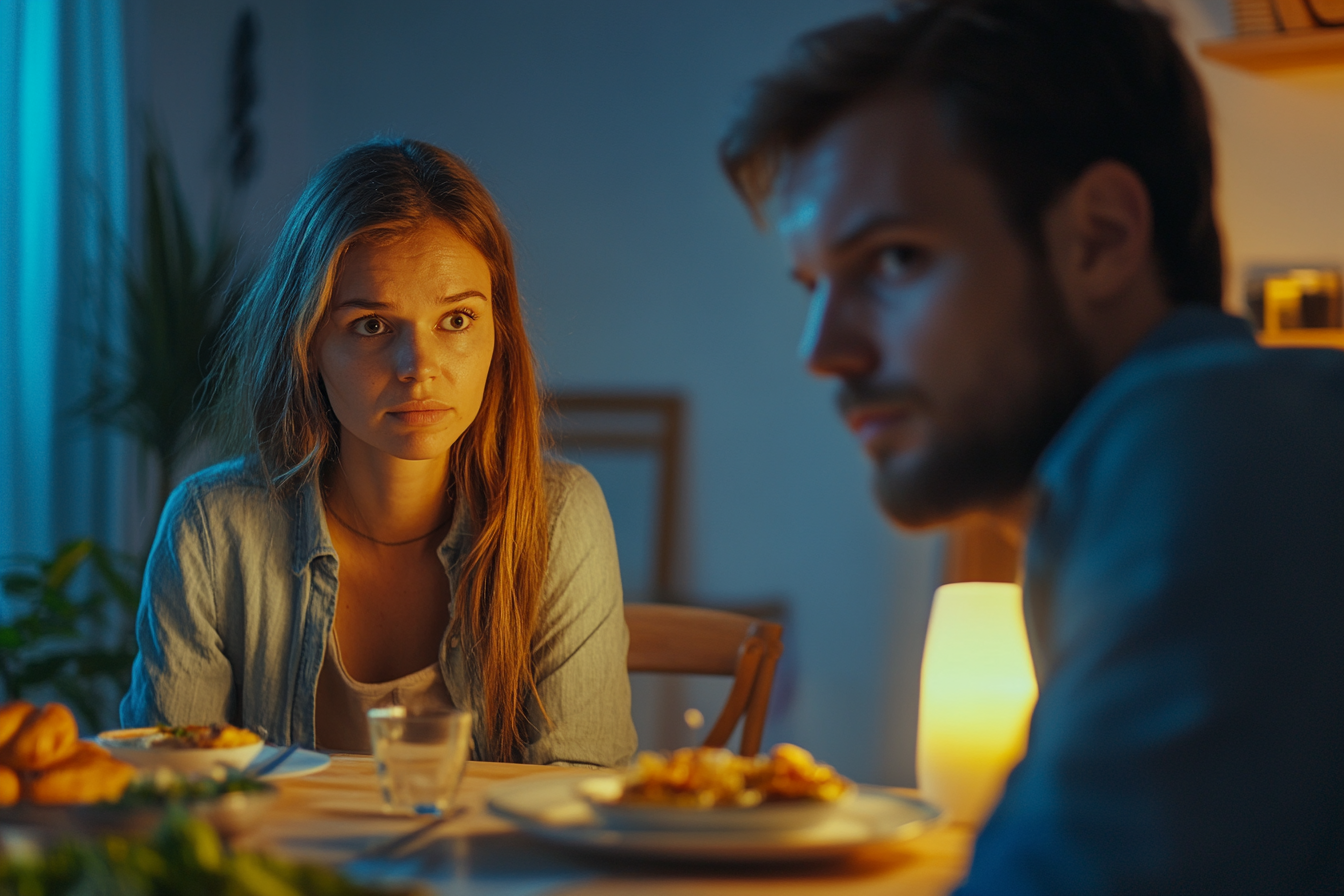 Une femme qui regarde fixement son mari pendant le dîner | Source : Midjourney