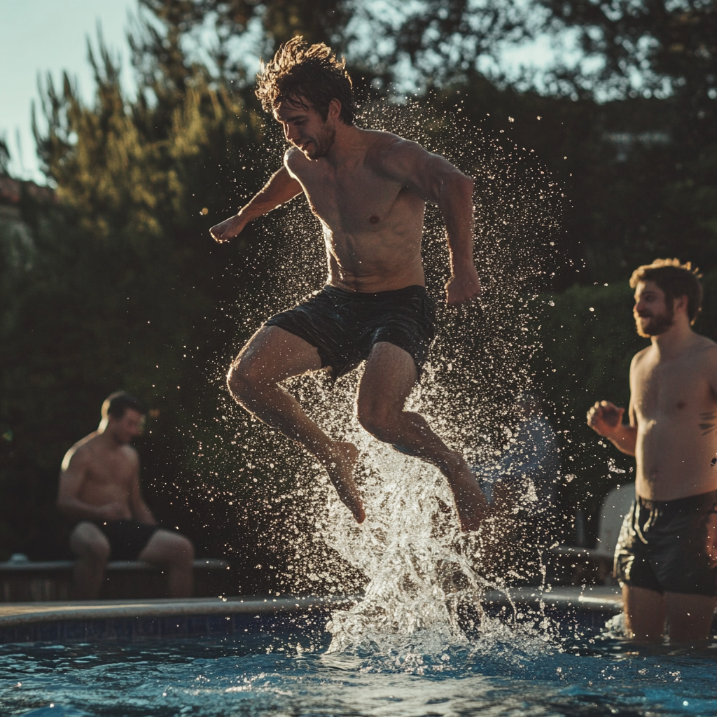 Un homme qui saute dans une piscine | Source : Midjourney