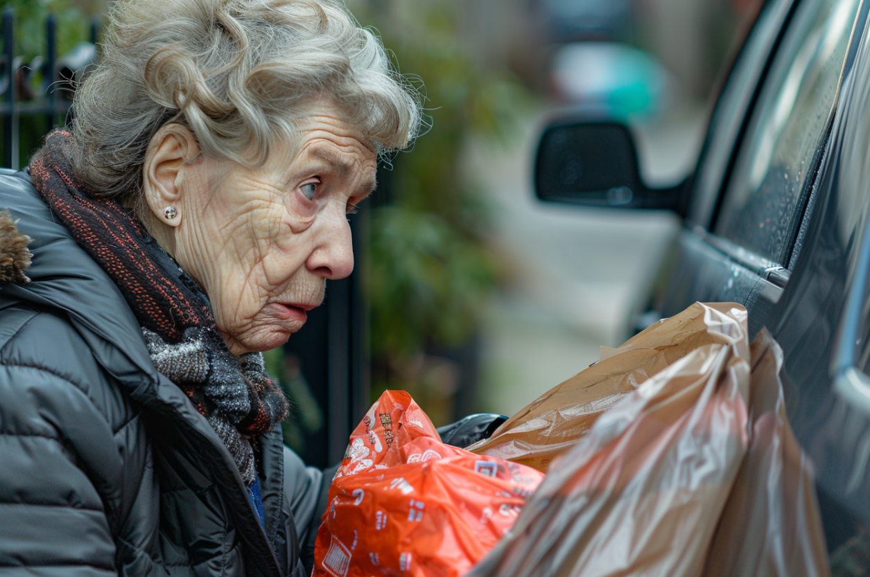 Une vieille femme examinant un sac poubelle | Source : MidJourney