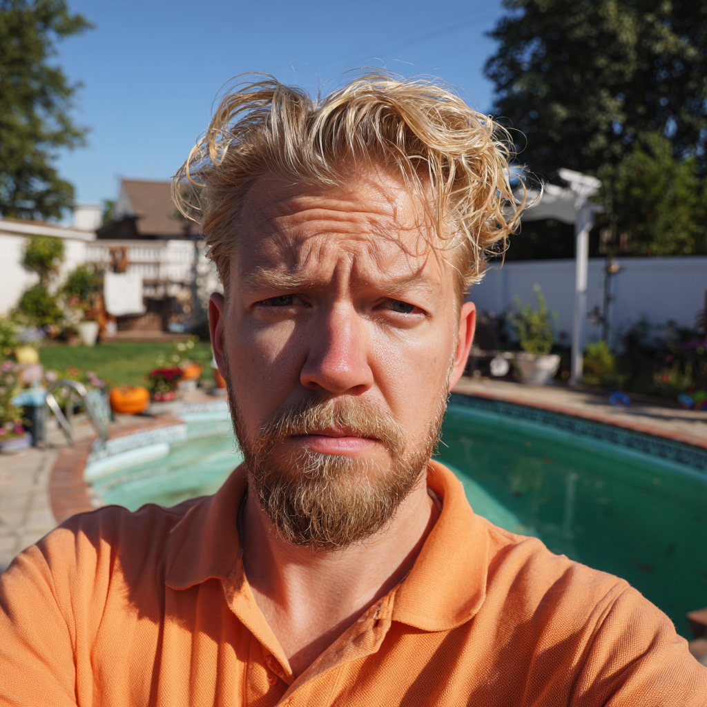 Un homme qui fronce les sourcils avec un polo orange | Source : Midjourney