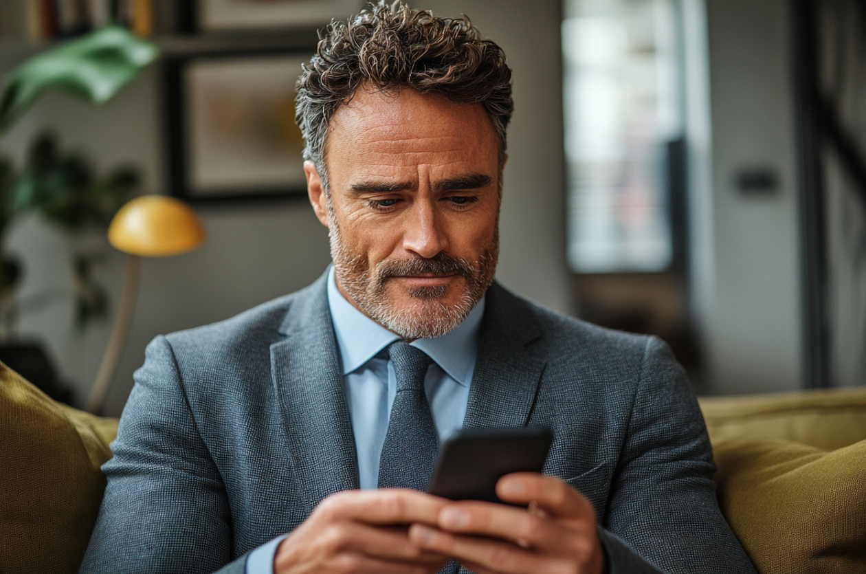 Un homme sourit en lisant un message sur son téléphone | Source : Midjourney