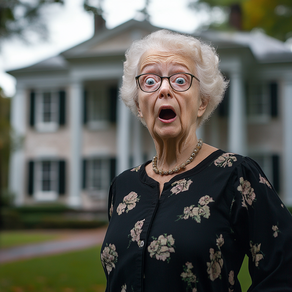 Une femme choquée devant un manoir | Source : Midjourney