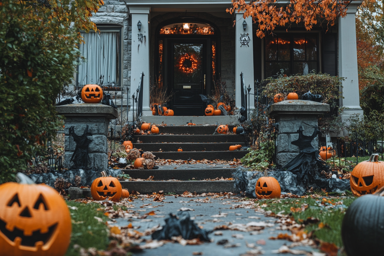 Décorations d'Halloween sur un porche d'entrée | Source : Midjourney