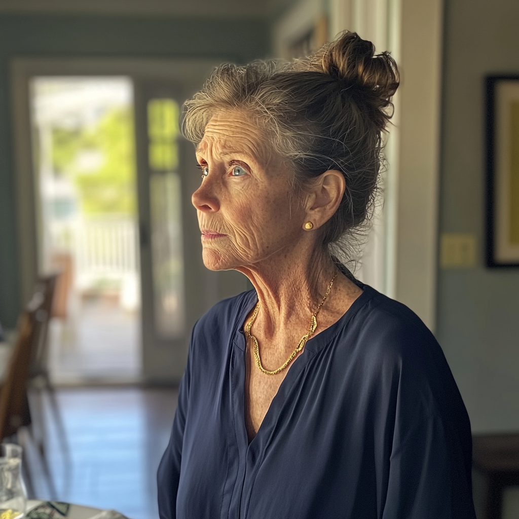 Vue latérale d'une vieille femme bouleversée | Source : Midjourney