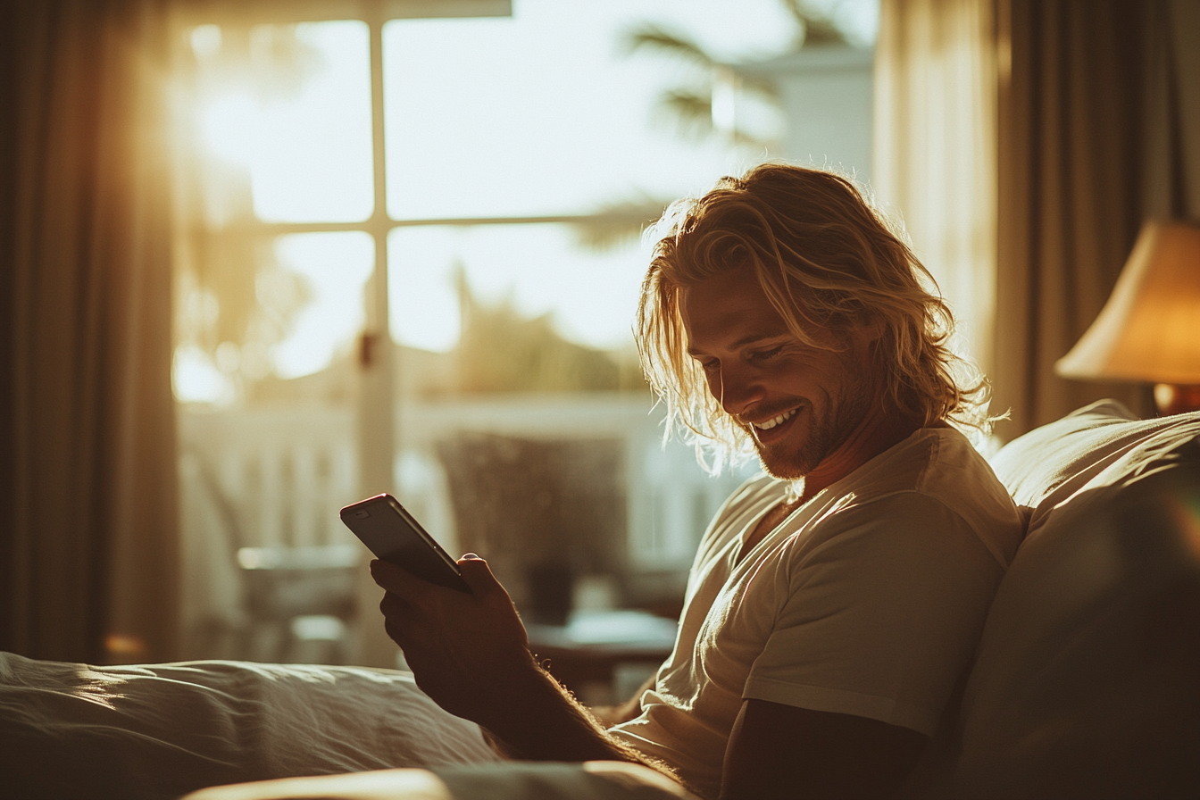 Un homme blond d'une trentaine d'années est assis sur le lit d'un complexe hôtelier et fait défiler son téléphone en souriant. | Source : Midjourney