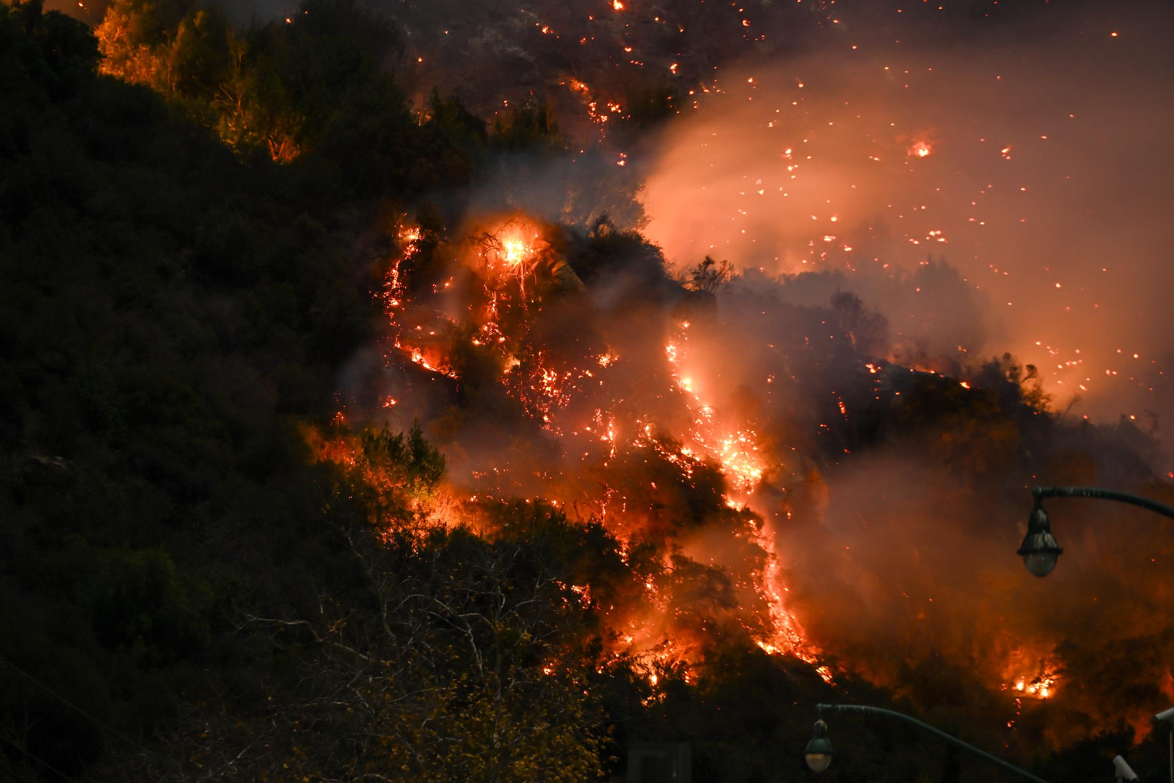 L'incendie Eaton brûle une montagne à Los Angeles, en Californie, le 9 janvier 2025. | Source : Getty Images