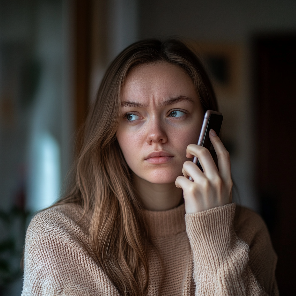 A woman looks a little angry while talking to someone on the phone | Source: Midjourney