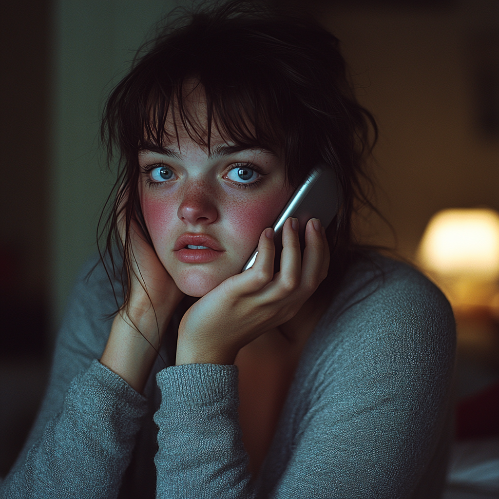 Une femme bouleversée qui parle au téléphone | Source : Midjourney