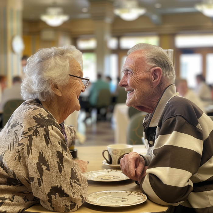 Un couple de personnes âgées se rencontrant dans le café d'une maison de retraite | Source : Midjourney