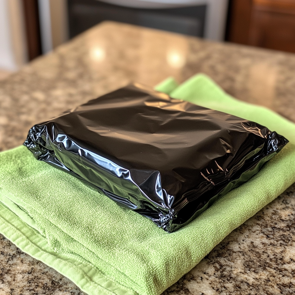 Un paquet noir sur une serviette verte | Source : Midjourney
