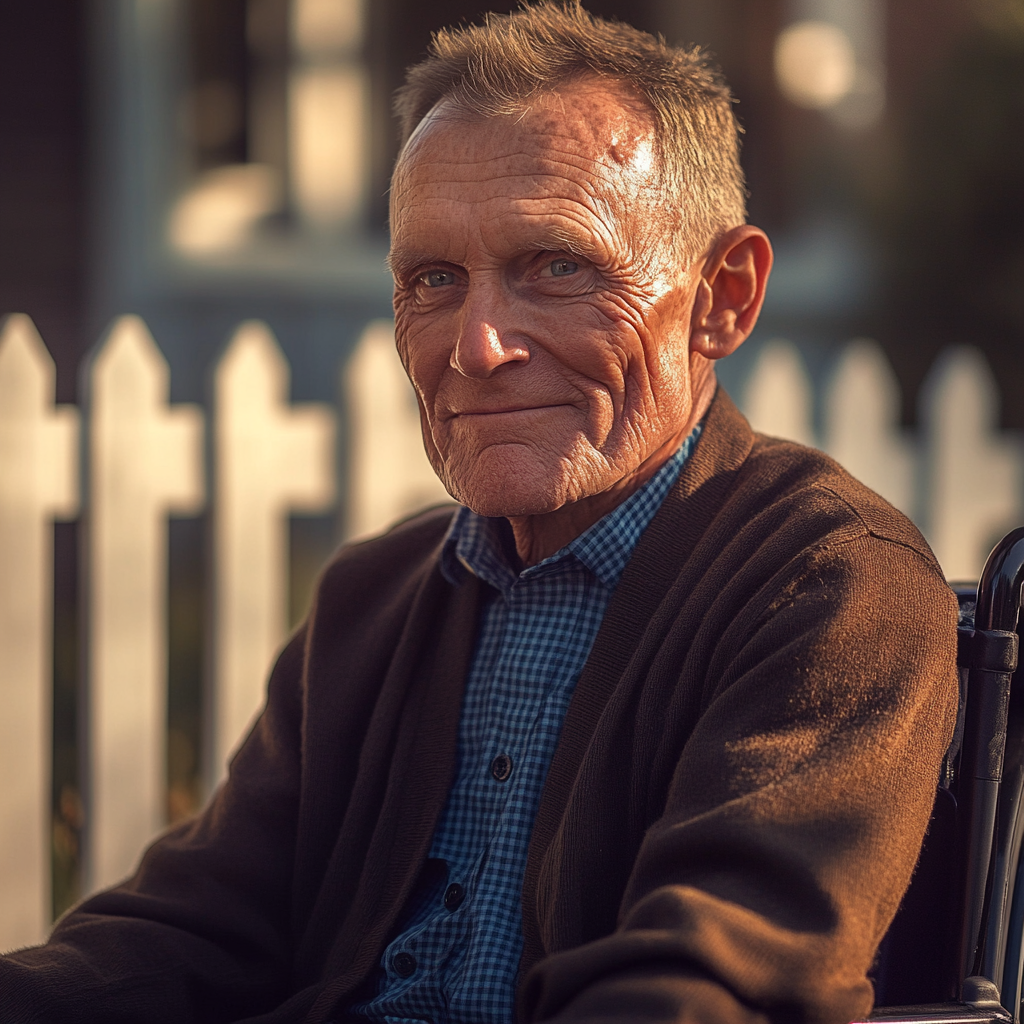 Un homme âgé souriant assis dans un fauteuil roulant devant sa maison | Source : Midjourney