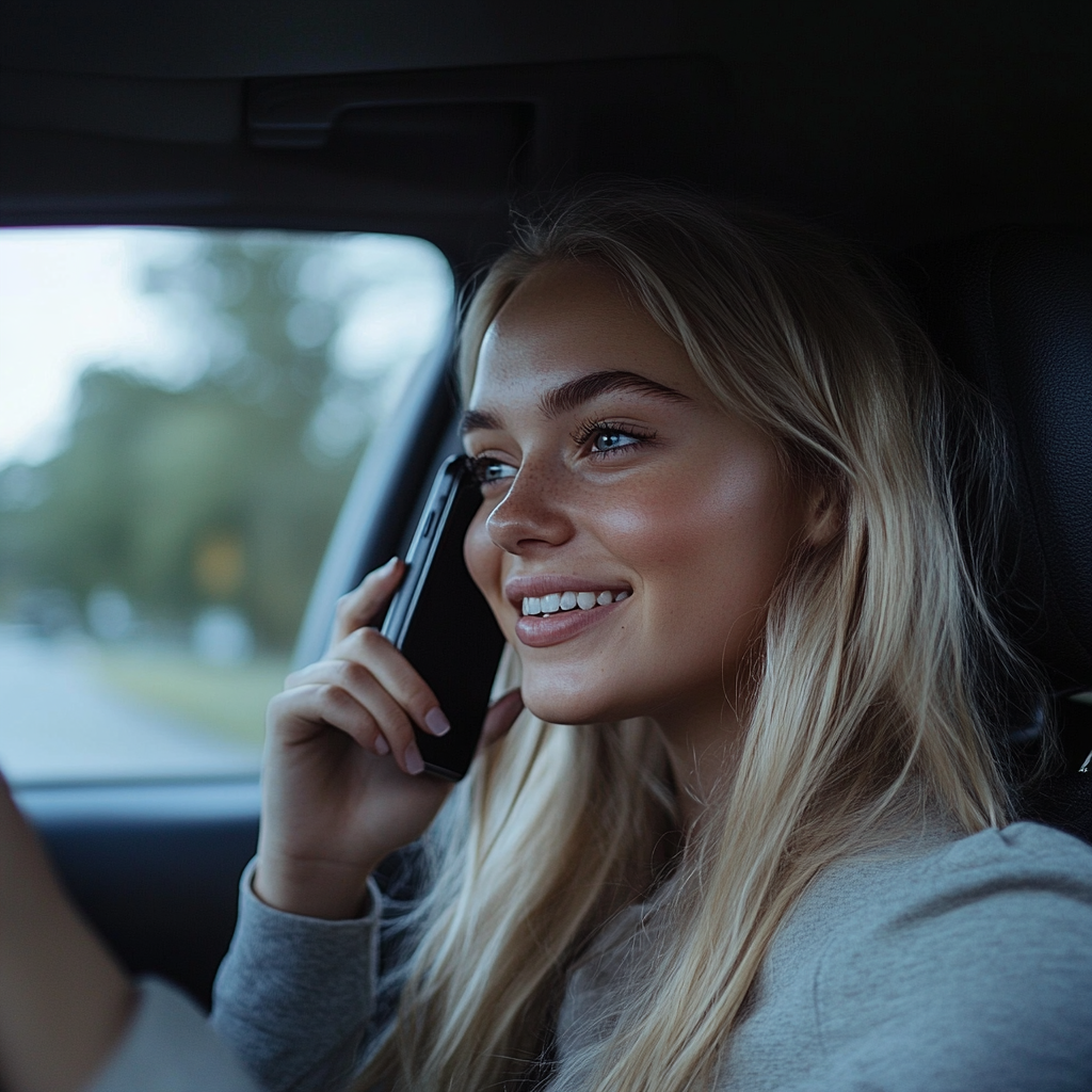 Une femme souriante qui parle au téléphone en conduisant | Source : Midjourney