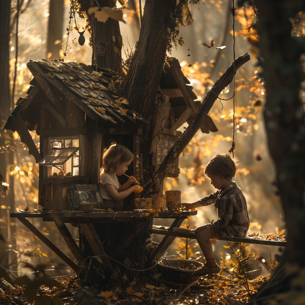 Des enfants travaillent à la construction d'une cabane dans les arbres | Source : Midjourney