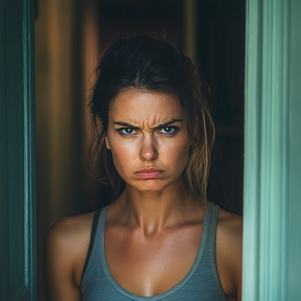 Une femme en colère sur le pas de sa porte | Source : Midjourney