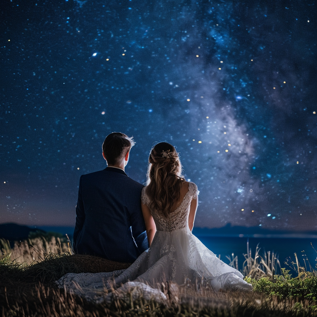 Une mariée et un marié observant le ciel étoilé de la nuit | Source : Midjourney