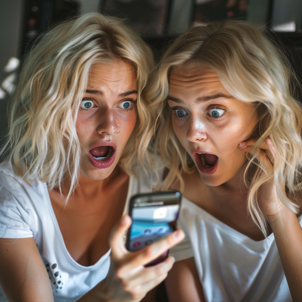 Lilian et Hailey choqués alors qu'ils fixent un smartphone | Source : Midjourney