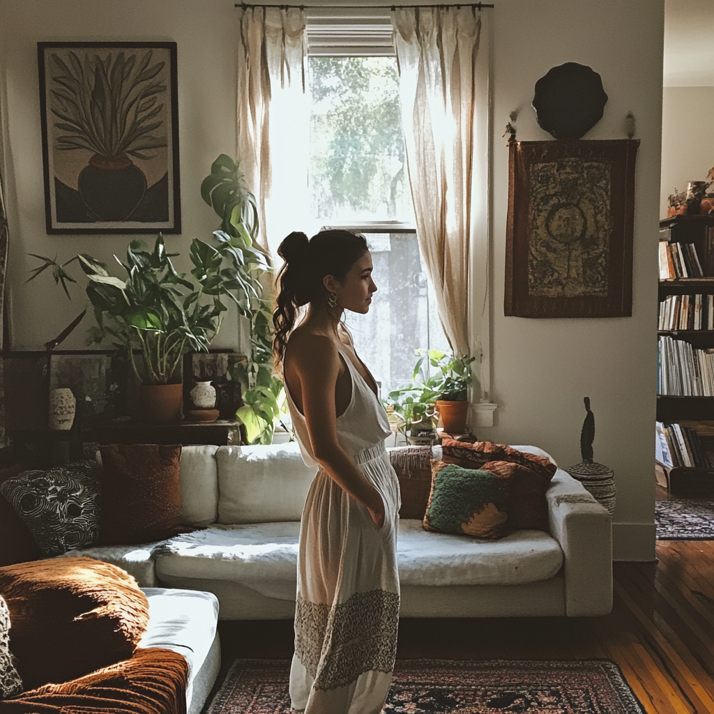 Une femme dans son salon | Source : Midjourney