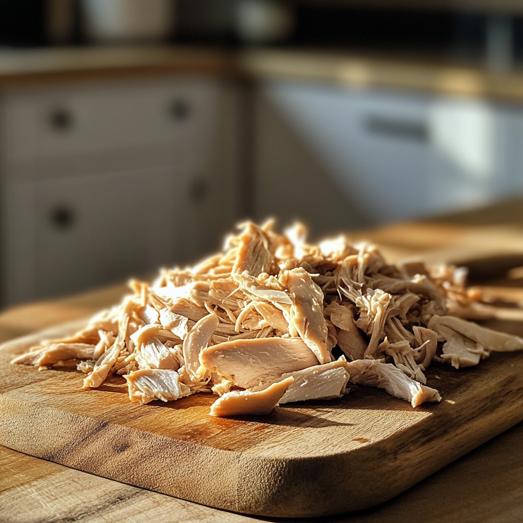 Poulet effiloché sur une planche | Source : Midjourney