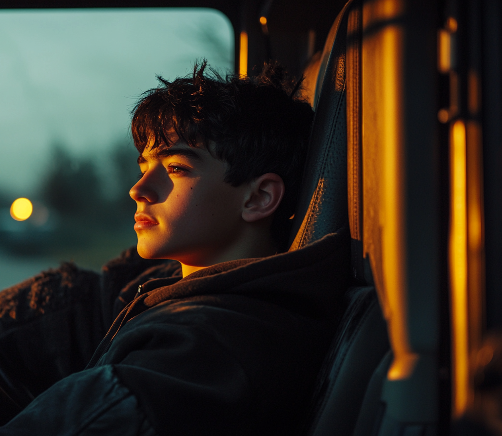 Un adolescent regardant par la fenêtre depuis le siège passager d'un camion | Source : Midjourney