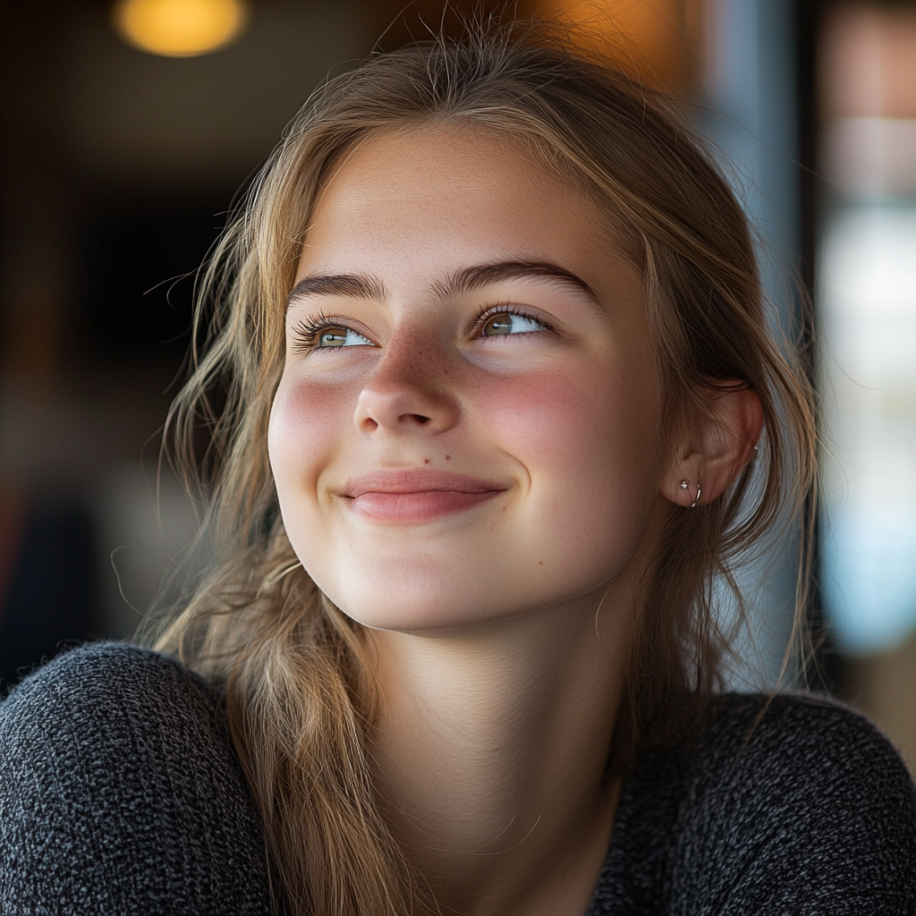 Une adolescente sourit en regardant quelqu'un | Source : Midjourney